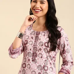 SHOWOFF Women Mauve Ethnic Motifs Printed Kurta With Trousers-46