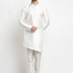Benstoke Men White Angrakha Asymmetric  Kurta With Pyjamas-image-18