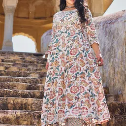 Divena Women Cream-Coloured Pure Cotton Anarkali Kurta with Trousers-14