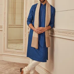 Tasva Men Blue Ethnic Motifs Embroidered Thread Work Kurta with Churidar-20