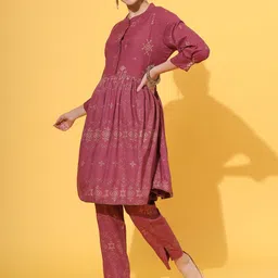 KALINI Mandarin Collar Ethnic Motifs Printed Tiered Kurta with Trousers-image-68