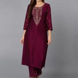 KALINI Floral Embroidered Round Neck Straight Kurta with Trousers-picture-57