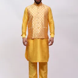 MAG Mandarin Collar Regular Dupion Silk Straight Kurta & Trousers With Nehru jacket-picture-12