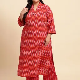 Sringam Plus Size Geometric Printed V-Neck Regular Pure Cotton Kurta & Trousers-13
