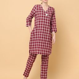 aayusika V-Neck Checked Regular Pure Cotton Pathani Kurta with Trousers-image-37