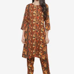 Biba Women Brown Floral Printed Kurta with Trousers-57