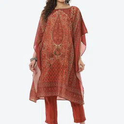 Biba Women Brown Printed Layered Kaftan Kurti with Trousers-image-37