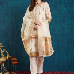 RAJGRANTH Women Regular Thread Work Chanderi Silk Kurti with Trousers & With Dupatta-image-52
