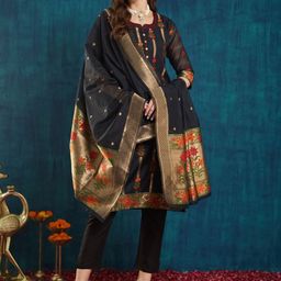 RAJGRANTH Women Regular Thread Work Chanderi Silk Kurti with Trousers & With Dupatta-image-42
