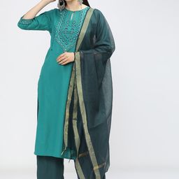 Vishudh Women Teal Blue Floral Yoke Design Pure Cotton Kurta With Trousers & Dupatta-picture-12