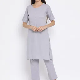 Span Women Grey Solid Pure Cotton Kurta with Trousers-picture-48