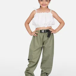 HERE&NOW Girls Schiffli Crop Top with Cotton Cargo Set-image-43