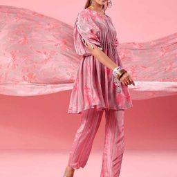 KARAJ JAIPUR Printed V-Neck Smocked Sleeves Top With Trousers-image-42