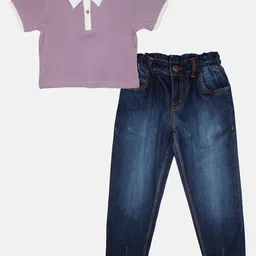 KiddoPanti Girls Polo Collar Pure Cotton Crop T-shirt With Paper Bag Jeans-picture-46
