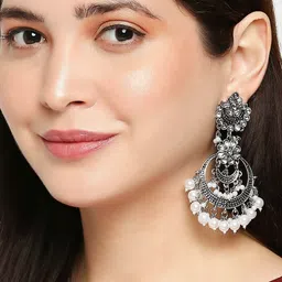 OOMPH Silver-Toned & White Contemporary Oxidised Chandbalis-0