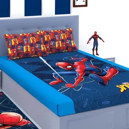 Marvel Blue & Yellow Cartoon Characters 180 TC King Bedsheet with 2 Pillow Covers-picture-1