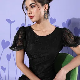DODO & MOA Black Solid Lacework and Sheer Dress-26
