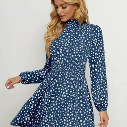 StyleCast Blue Abstract Printed High Neck Smocked Chiffon Fit and Flare Dress-picture-28