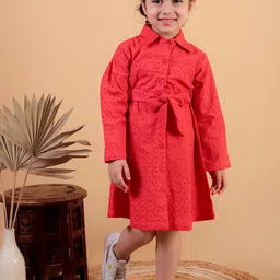 JUNITOS Girls Self Design Embroidered Schiffli Cotton Shirt Dress-image-24