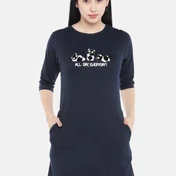 STATUS MANTRA Navy Blue Print T-shirt Dress-image-59