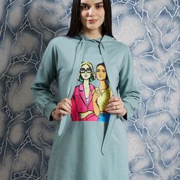 Athena Green Graphic Printed Hooded Long Sleeves T-shirt Dress-image-39