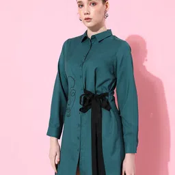QUIERO Teal Shirt Collar Cuffed Sleeves Crepe Shirt Dress-14