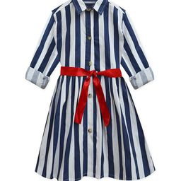 A T U N Girls Navy Blue & White Striped Pure Cotton Shirt Dress-image-60