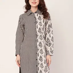 Moomaya Striped Spread Collar Cotton Shirt Dress-41