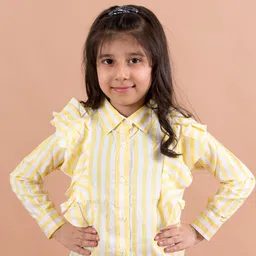 Fairies Forever Yellow & White Striped Ruffles Pure Cotton Shirt Style Top-image-44