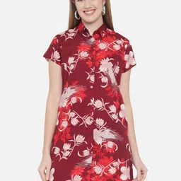 Indietoga Maroon & Red Floral Crepe Shirt Dress-9