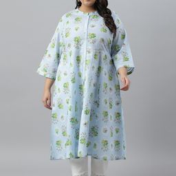 W Women Plus Size Floral Printed Band Collar Cotton  Kurta-7
