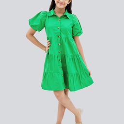 Olele Lucy Puff Sleeves Layered Cotton Shirt Dress-image-47