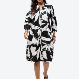 Baawri Abstract Printed Belted Mandarin Collar Long Cuffed Sleeves Cotton Shirt Dress-picture-11