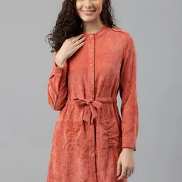 Latin Quarters Self Design Mandarin Collar Shirt Dress-7