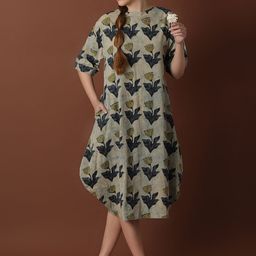 BLACK & BLAH BLAH Ajrak Handblock Printed Relaxed Fit Cotton Flared Maxi Ethnic Dress-image-4