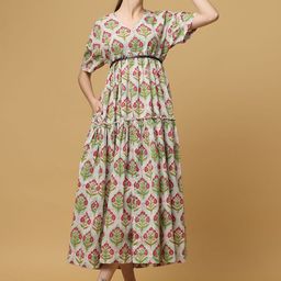 BLACK & BLAH BLAH Handblock Printed Relaxed Fit Cotton Flared Maxi Ethnic Dress-image-90