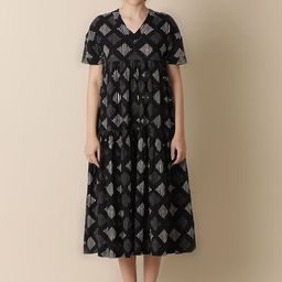 BLACK & BLAH BLAH Handblock Printed Relaxed Fit Cotton Flared Maxi Ethnic Dress-image-64