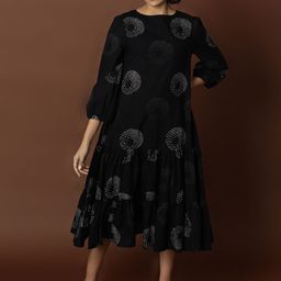 BLACK & BLAH BLAH Handblock Printed Relaxed Fit Cotton Flared Maxi Ethnic Dress-image-54