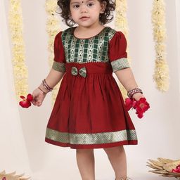 VASTRAMAY Infant Girls Self Design Bow Fit & Flare Ethnic Dress-image-88