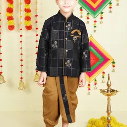 Jeetethnics Boys Mandarin Collar Woven Design Zari Kurta with Dhoti Pants-image-32