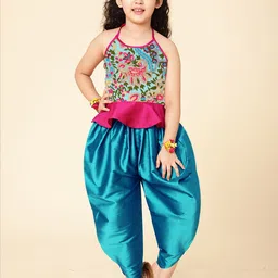 A T U N Girls Fuchsia & Turquoise Blue Embroidered Halter Peplum Top with Dhoti Pant Set-picture-14