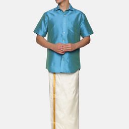 Sethukrishna Men Turquoise Blue & White Shirt With Dhoti Pants-picture-2