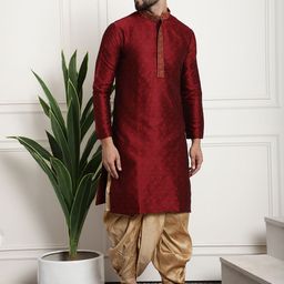 SOJANYA Men Maroon & Gold-Toned Self Design Kurta with Dhoti Pants-24