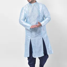 DEYANN PLUS Men Blue Ethnic Motifs Printed Angrakha Dupion Silk Kurta with Patiala-picture-51
