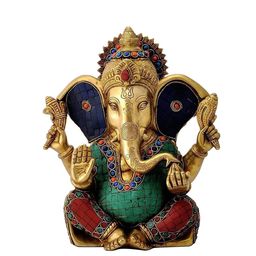 CraftVatika Gold Toned & Green Ganesha Brass Idol Showpieces-image-31