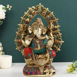 CraftVatika Gold Toned & Red Ganesha Brass Idol Showpiece-image-87