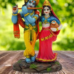 Gallery99 Blue & Red Radha Krishna with Flute Marble Showpieces-45