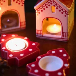 WEAVING HOMES Red & White 2 Pieces Christmas Hut & Christmas Tree Tea Light Holders-5