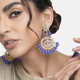 I Jewels Blue Gold Plated Kundan & Faux Pearl Studded Chandbali Earrings-14