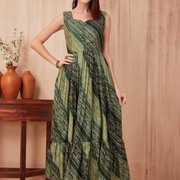 Chandbaali Bandhani Printed Tiered Fit & Flared Midi Ethnic Dress-image-84